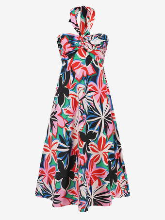 トロピカルフローラルプリントのホルターネックロングドレス（レディース）2025