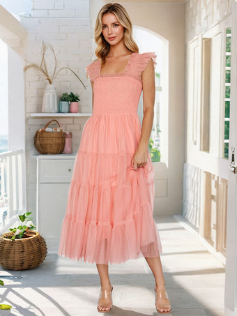 ソフトピンクフリルチュールミディドレス（レイヤードヘム、レディース）2026