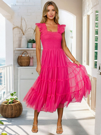 ローズレッドフリルチュールミディドレス（レイヤードヘム、レディース）2026