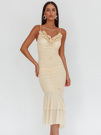 アプリコットフリルネックラインのルーシュマーメイドミディスリップドレス（レディース）2025