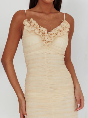 フリルネックラインのルーシュマーメイドミディスリップドレス（レディース）2025