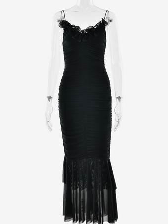 ブラック フリルネックラインのルーシュマーメイドミディスリップドレス（レディース）2025