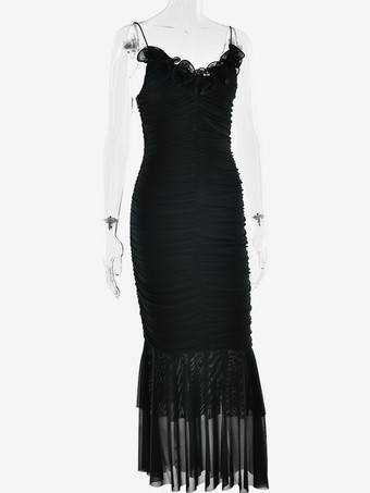 フリルネックラインのルーシュマーメイドミディスリップドレス（レディース）2025