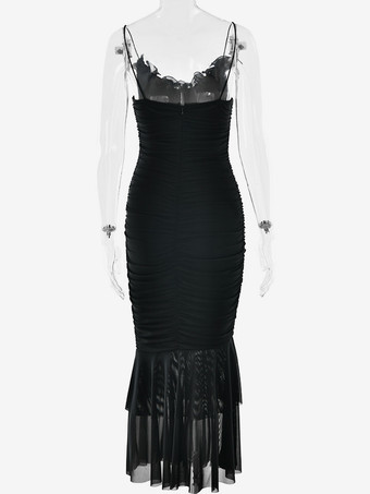 フリルネックラインのルーシュマーメイドミディスリップドレス（レディース）2025