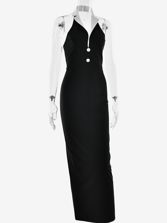 コントラストカラーのパーティードレス、深めのVネック、ノースリーブ、ボディコン、マキシ丈ドレス（レディース）2025