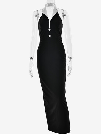 コントラストカラーのパーティードレス、深めのVネック、ノースリーブ、ボディコン、マキシ丈ドレス（レディース）2025