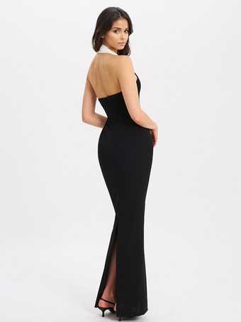 コントラストカラーのパーティードレス、深めのVネック、ノースリーブ、ボディコン、マキシ丈ドレス（レディース）2025