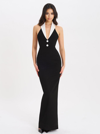 ブラック コントラストカラーのパーティードレス、深めのVネック、ノースリーブ、ボディコン、マキシ丈ドレス（レディース）2025