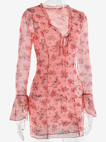 フローラルドレス ディープVネック タイフロント ロングスリーブ ミニドレス レディース 2025