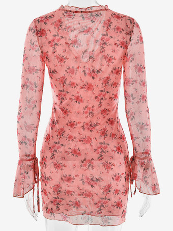 フローラルドレス ディープVネック タイフロント ロングスリーブ ミニドレス レディース 2025