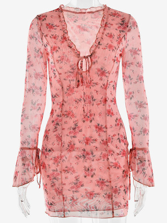 フローラルドレス ディープVネック タイフロント ロングスリーブ ミニドレス レディース 2025
