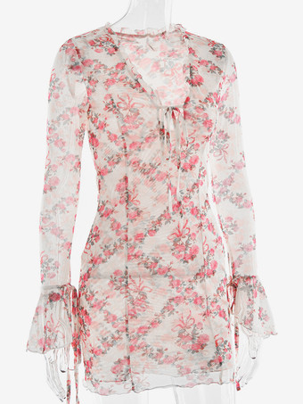 フローラルドレス ディープVネック タイフロント ロングスリーブ ミニドレス レディース 2025