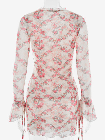 フローラルドレス ディープVネック タイフロント ロングスリーブ ミニドレス レディース 2025