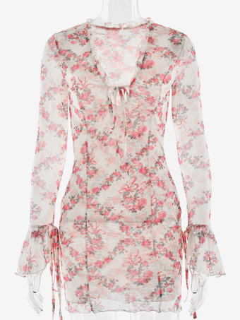 フローラルドレス ディープVネック タイフロント ロングスリーブ ミニドレス レディース 2025