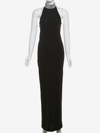 Elegante abito da festa nero con collo alto e maniche lunghe per donna 2026