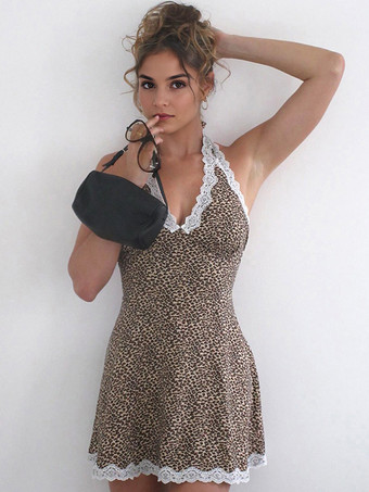 ヒョウ柄プリント柄ホルターネックドレス レーストリム Vネック サマーミニドレス レディース 2025