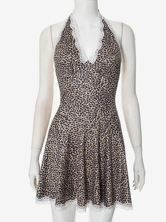 プリント柄ホルターネックドレス レーストリム Vネック サマーミニドレス レディース 2025