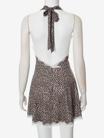 プリント柄ホルターネックドレス レーストリム Vネック サマーミニドレス レディース 2025