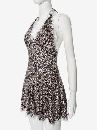 プリント柄ホルターネックドレス レーストリム Vネック サマーミニドレス レディース 2025