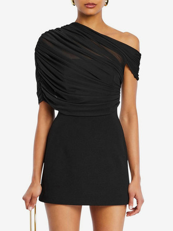 ブラックのアシンメトリーボディコンドレス、ルーシュミニドレス（レディース）2025