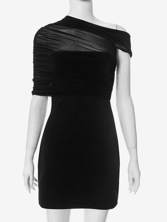 ブラックのアシンメトリーボディコンドレス、ルーシュミニドレス（レディース）2025