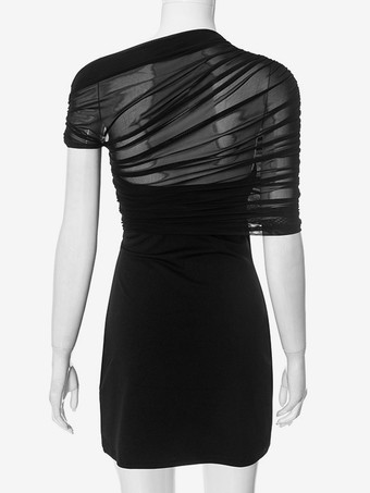 ブラックのアシンメトリーボディコンドレス、ルーシュミニドレス（レディース）2025