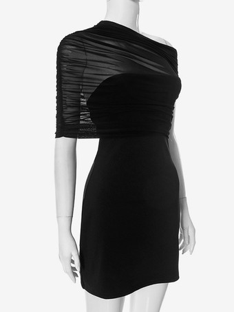 ブラックのアシンメトリーボディコンドレス、ルーシュミニドレス（レディース）2025