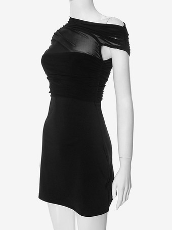 ブラックのアシンメトリーボディコンドレス、ルーシュミニドレス（レディース）2025