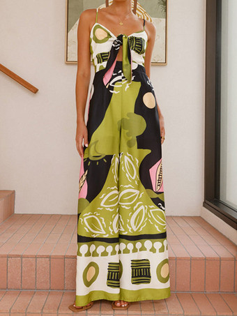 抽象的なプリントのジャンプスーツ 細いストラップでウエストを絞った夏のレディースコーデ 2025