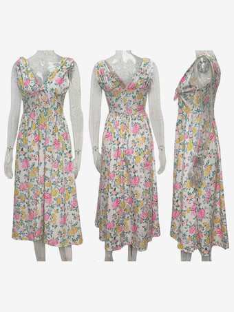 フローラルプリントドレス ディープVネック ノースリーブ ミディドレス レディース 2025