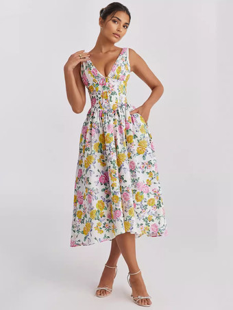 フローラルプリントドレス ディープVネック ノースリーブ ミディドレス レディース 2025