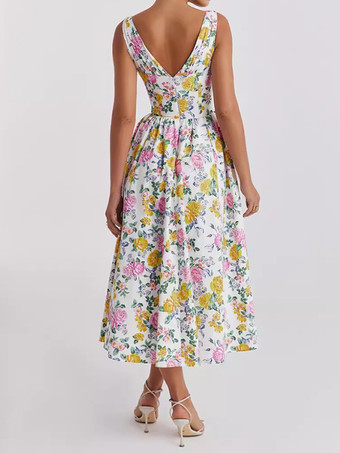 フローラルプリントドレス ディープVネック ノースリーブ ミディドレス レディース 2025