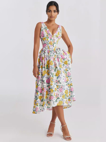 イエローフローラルプリントドレス ディープVネック ノースリーブ ミディドレス レディース 2025