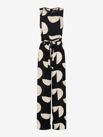 2025年レディース向けハイウエスト＆ベルト付き幾何学模様プリントジャンプスーツ