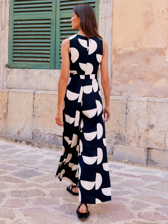 2025年レディース向けハイウエスト＆ベルト付き幾何学模様プリントジャンプスーツ