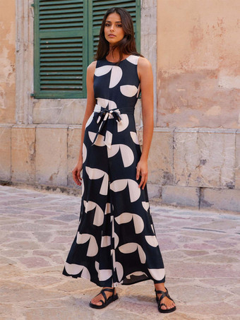 ブラック 2025年レディース向けハイウエスト＆ベルト付き幾何学模様プリントジャンプスーツ