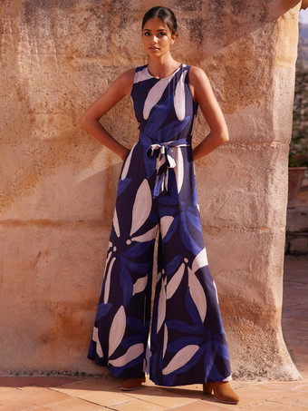 ブルー 2025年レディース向けハイウエスト＆ベルト付き幾何学模様プリントジャンプスーツ