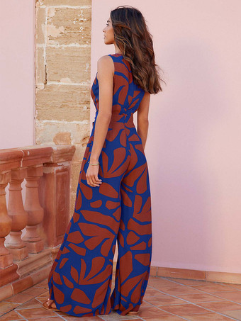 2025年レディース向けハイウエスト＆ベルト付き幾何学模様プリントジャンプスーツ