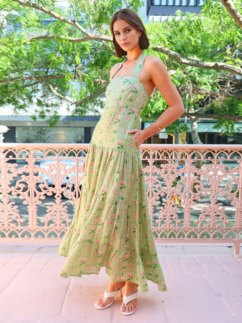 花柄マキシドレス ホルターネック レイヤード サマードレス レディース 2025