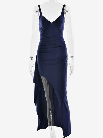 深めのVネック パーティードレス ハイスリット ノースリーブ ロングドレス レディース 2026