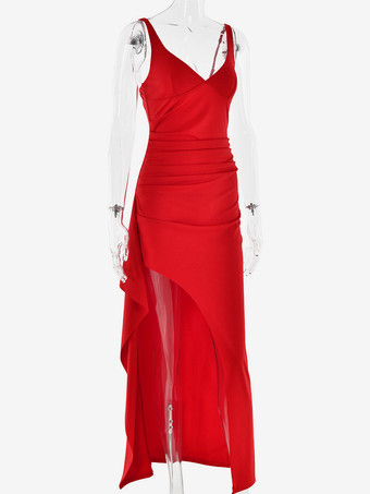 深めのVネック パーティードレス ハイスリット ノースリーブ ロングドレス レディース 2026