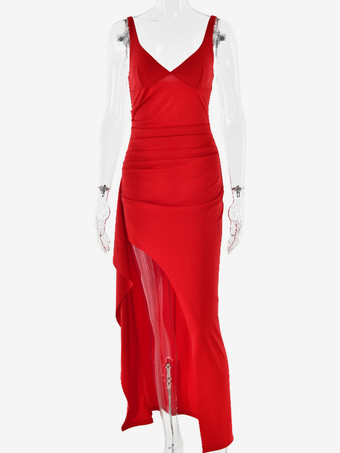 深めのVネック パーティードレス ハイスリット ノースリーブ ロングドレス レディース 2026