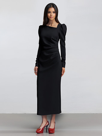 ブラック エレガントな長袖プリーツドレス（レディース）2026