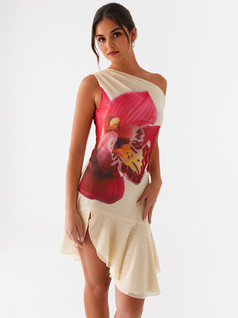 レディース向け花柄アシンメトリーミディドレス 2025