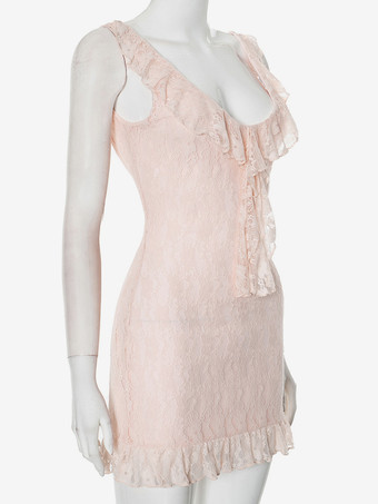 ソフトピンクのレースドレス Vネック ボディコン ミニドレス レディース 2025