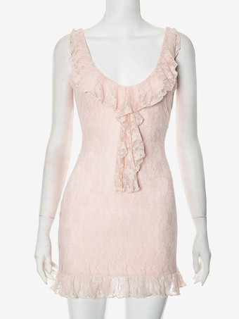 ソフトピンクのレースドレス Vネック ボディコン ミニドレス レディース 2025