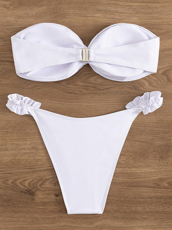 2025年夏のビーチにぴったりな、フリルディテールの無地バンドゥビキニ