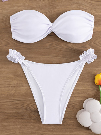 2025年夏のビーチにぴったりな、フリルディテールの無地バンドゥビキニ