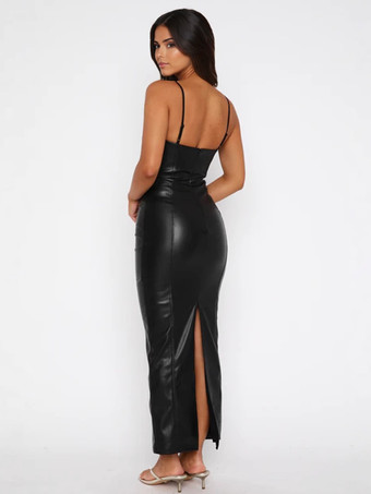 ブラックフェイクレザーマキシドレス セクシーボディコンスリップパーティードレス レディース 2025