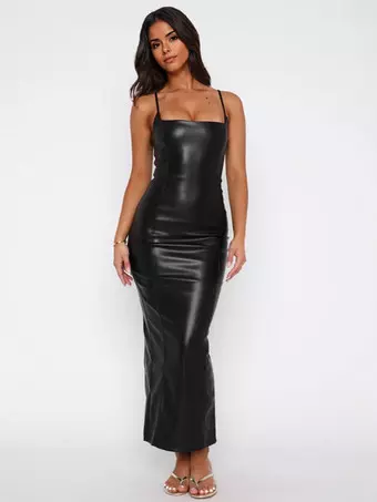 Robe longue moulante noire en similicuir pour femme tenue de